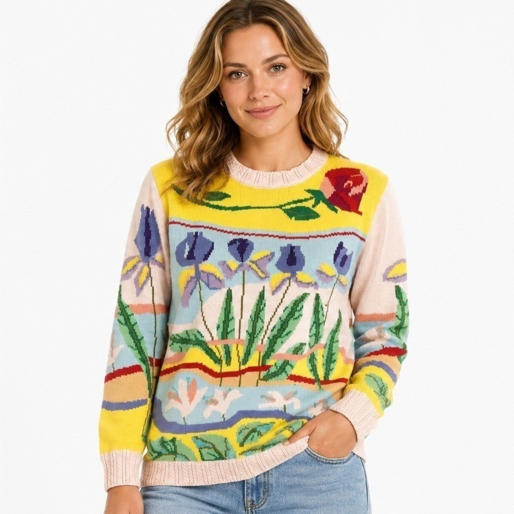 Jack B. Quick Floral Sweater Women M Multicolor Vintage 90s Cotton Knit Intarsia